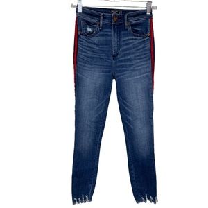 Abercrombie & Fitch Simone High Rise Ankle Crop Raw Hem Red Pinstripe Jeans Sz 0